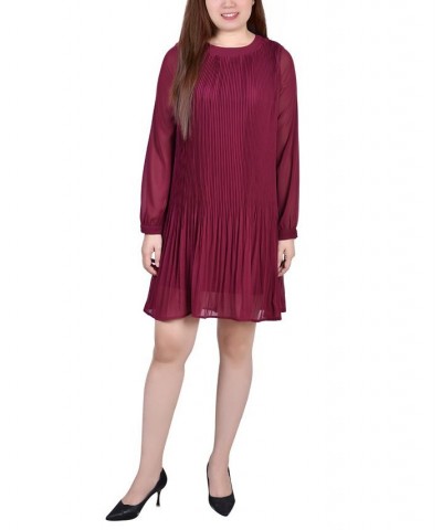 Petite Long Sleeve Pleated Dress Wine $18.72 Dresses