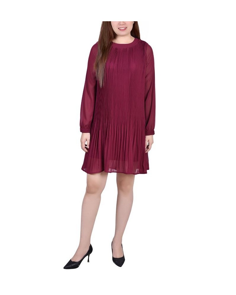 Petite Long Sleeve Pleated Dress Wine $18.72 Dresses