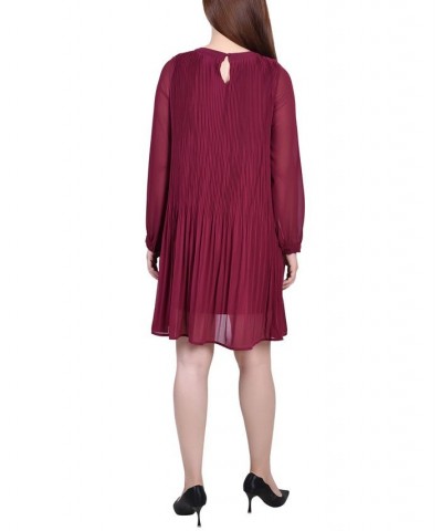 Petite Long Sleeve Pleated Dress Wine $18.72 Dresses