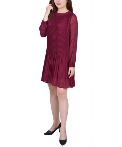 Petite Long Sleeve Pleated Dress Wine $18.72 Dresses