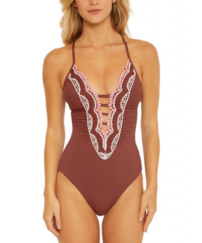 Women's Delilah Crochet-Trim Strappy One-Piece Swimsuit Coconut $52.44 Swimsuits