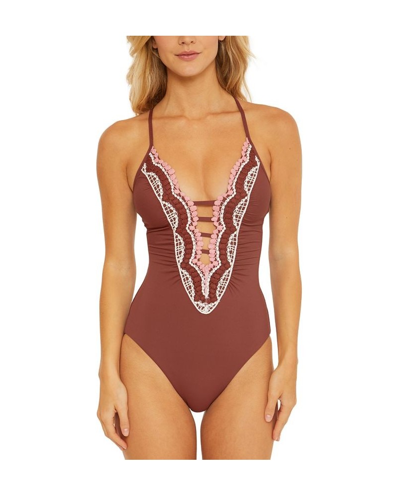 Women's Delilah Crochet-Trim Strappy One-Piece Swimsuit Coconut $52.44 Swimsuits