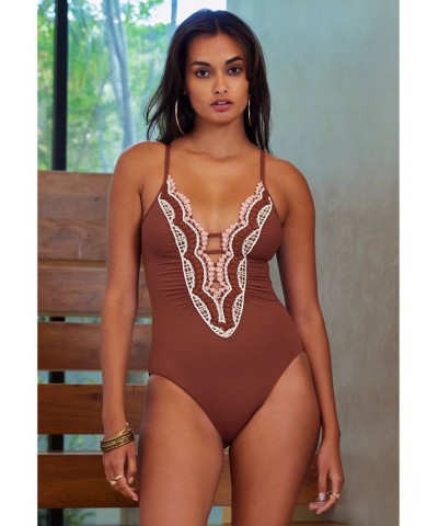 Women's Delilah Crochet-Trim Strappy One-Piece Swimsuit Coconut $52.44 Swimsuits