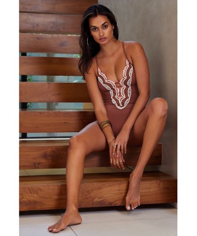 Women's Delilah Crochet-Trim Strappy One-Piece Swimsuit Coconut $52.44 Swimsuits