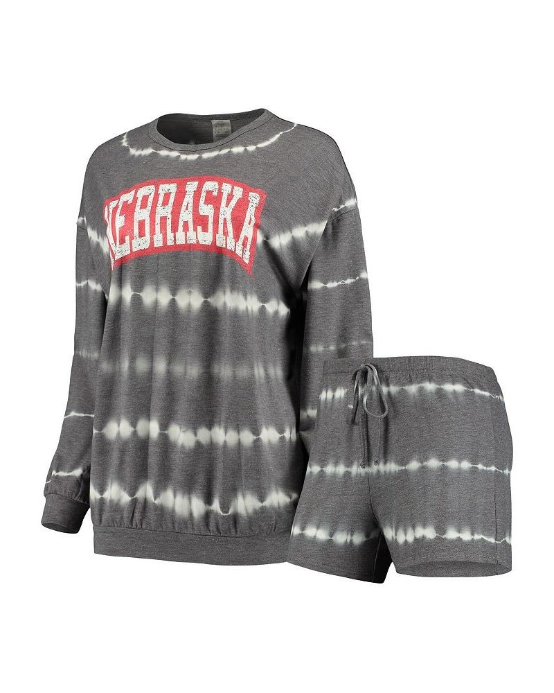 Women's Heathered Charcoal Nebraska Huskers All About Stripes Tri-Blend Long Sleeve T-shirt and Shorts Set Gray $26.00 Pajama