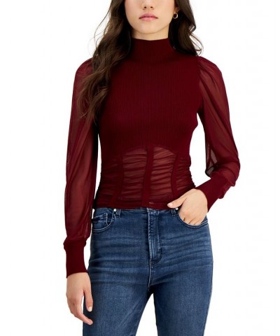 Juniors' Illusion Mesh-Sleeve Ruched Sweater Burgundy $14.40 Sweaters