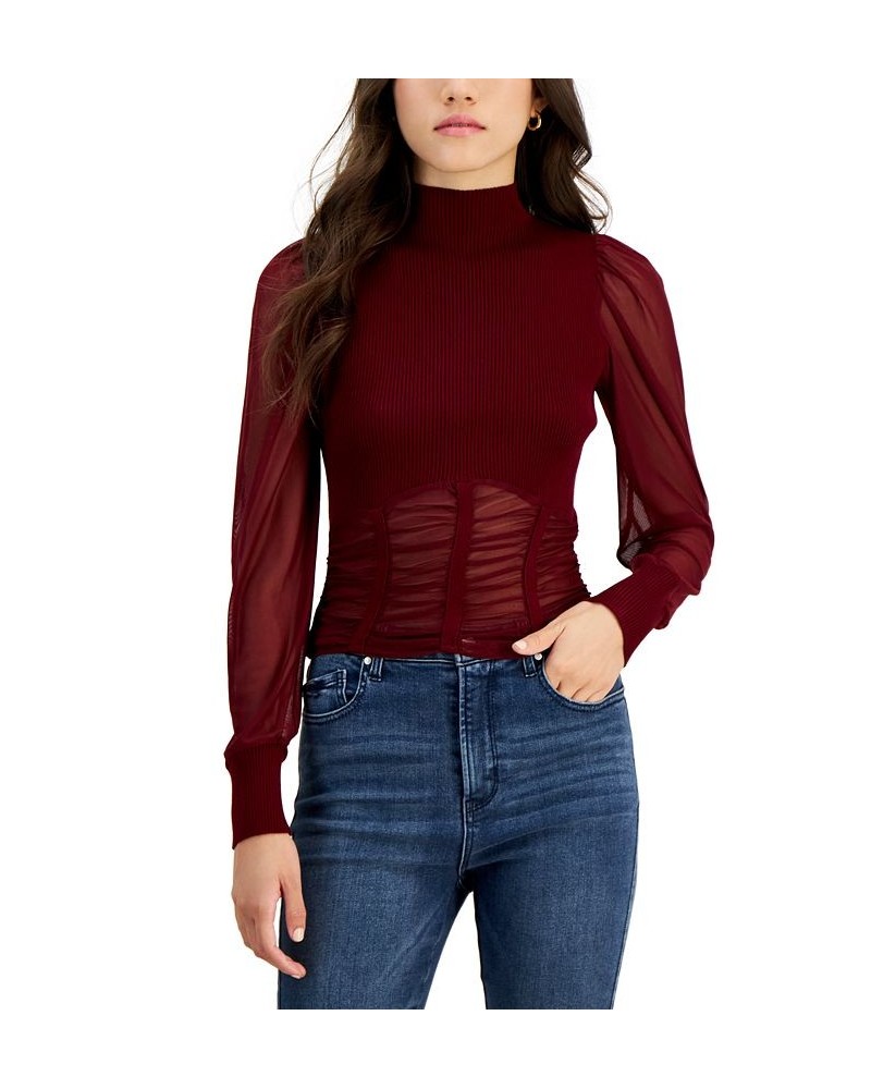 Juniors' Illusion Mesh-Sleeve Ruched Sweater Burgundy $14.40 Sweaters