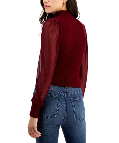 Juniors' Illusion Mesh-Sleeve Ruched Sweater Burgundy $14.40 Sweaters