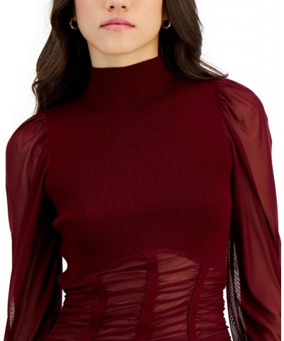 Juniors' Illusion Mesh-Sleeve Ruched Sweater Burgundy $14.40 Sweaters