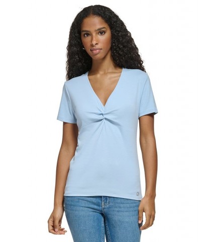 Women's Twist Front V-Neck T-Shirt Cashmere Blue $23.76 Tops