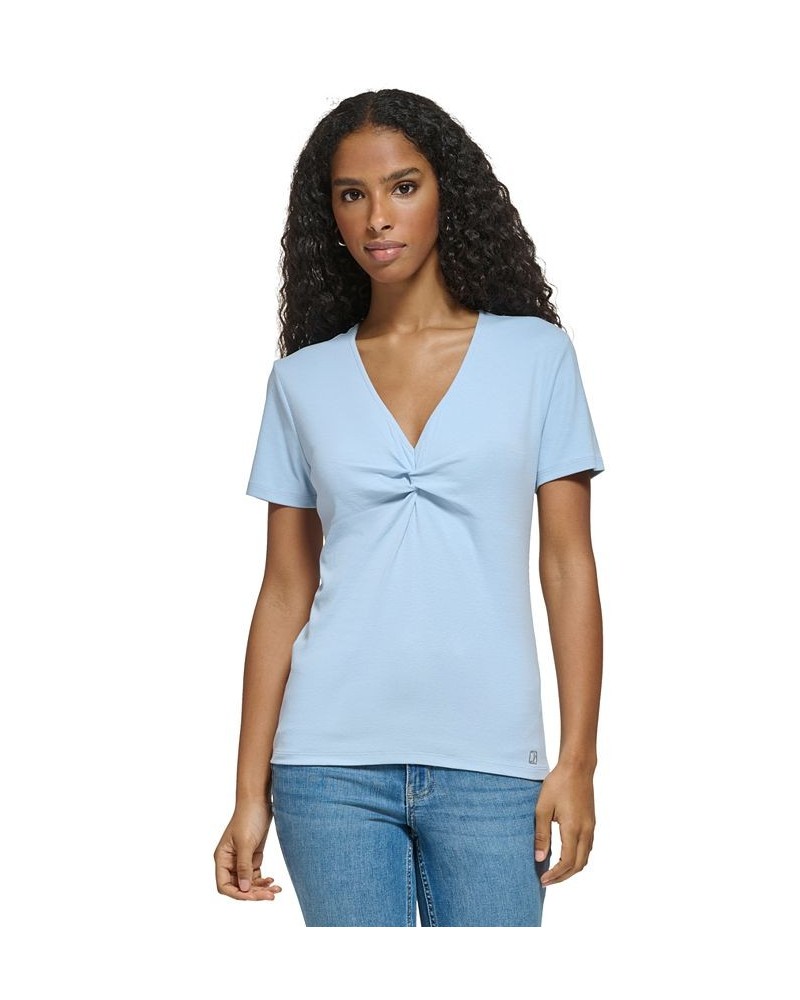 Women's Twist Front V-Neck T-Shirt Cashmere Blue $23.76 Tops