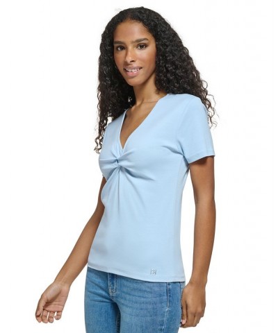 Women's Twist Front V-Neck T-Shirt Cashmere Blue $23.76 Tops