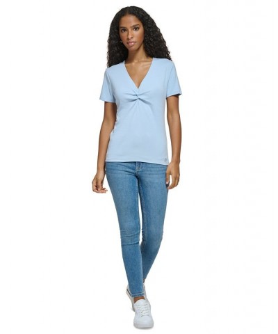 Women's Twist Front V-Neck T-Shirt Cashmere Blue $23.76 Tops