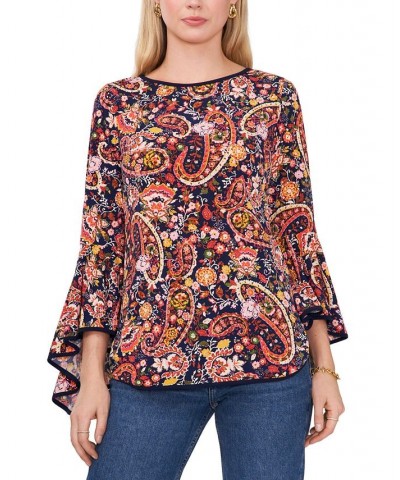 Petite Contrast-Trim Bell-Sleeve Top Peach Paisley $20.47 Tops