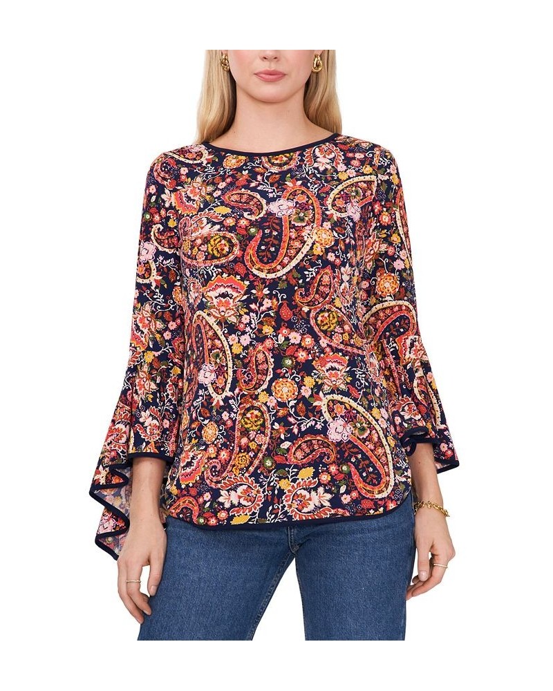 Petite Contrast-Trim Bell-Sleeve Top Peach Paisley $20.47 Tops