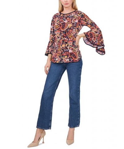 Petite Contrast-Trim Bell-Sleeve Top Peach Paisley $20.47 Tops