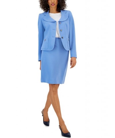 Women's Curved Collar Button-Front Jacket & Pencil Skirt Suit Pale Blue $81.00 Suits