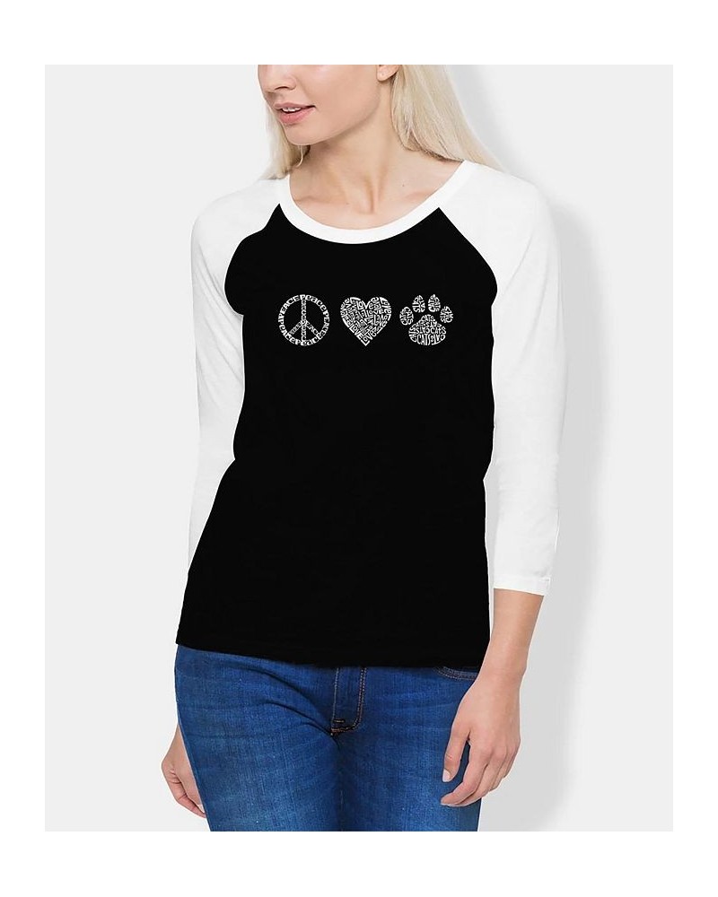 Women's Raglan Peace Love Cats Word Art T-shirt Black, White $18.92 Tops