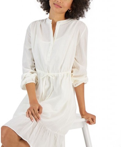 Women's Shadow-Striped Ruffle-Hem Dress White $14.72 Dresses