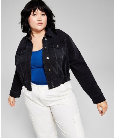 Trendy Plus Size Cropped Denim Jacket Black Wask $25.37 Jackets