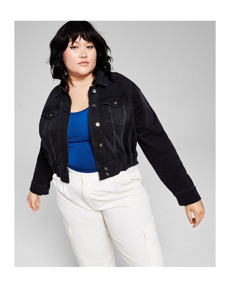 Trendy Plus Size Cropped Denim Jacket Black Wask $25.37 Jackets