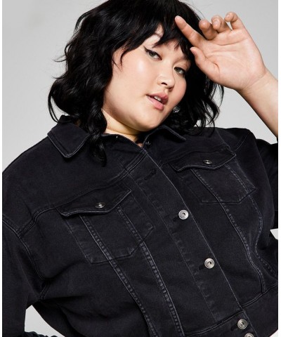 Trendy Plus Size Cropped Denim Jacket Black Wask $25.37 Jackets