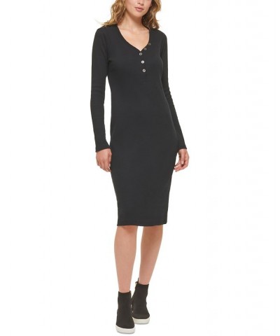 Women's Henley-Neckline Long-Sleeve Ribbed Dress Black $37.48 Dresses