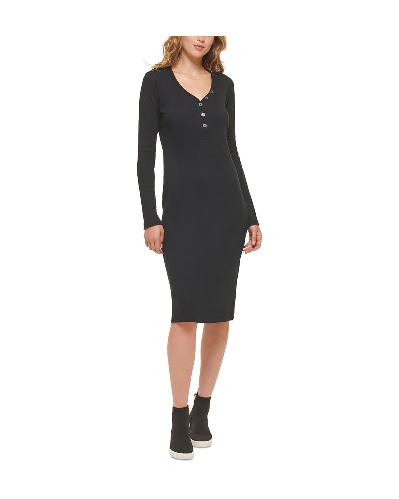 Women's Henley-Neckline Long-Sleeve Ribbed Dress Black $37.48 Dresses