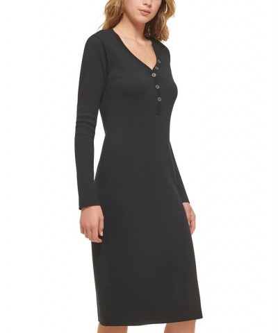 Women's Henley-Neckline Long-Sleeve Ribbed Dress Black $37.48 Dresses