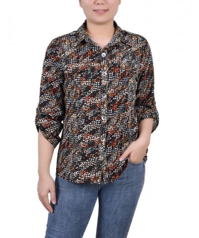 Petite 3/4 Sleeve Roll Tab Blouse Black Gray Rust Geo $17.92 Tops