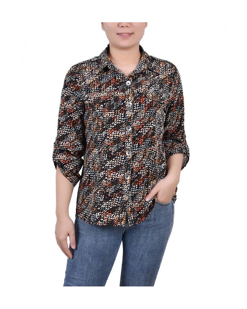 Petite 3/4 Sleeve Roll Tab Blouse Black Gray Rust Geo $17.92 Tops