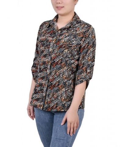 Petite 3/4 Sleeve Roll Tab Blouse Black Gray Rust Geo $17.92 Tops