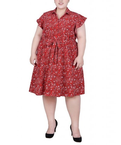 Plus Size Flutter Sleeve Belted Dress Red Ditsy Floral $14.62 Dresses