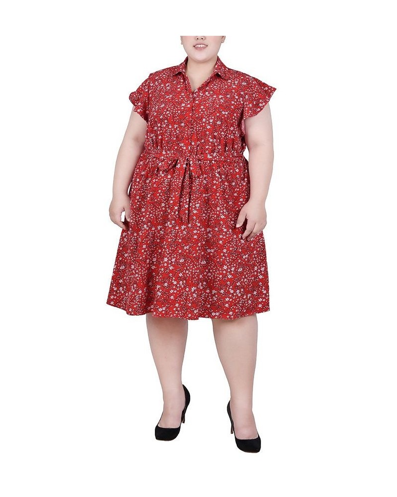 Plus Size Flutter Sleeve Belted Dress Red Ditsy Floral $14.62 Dresses