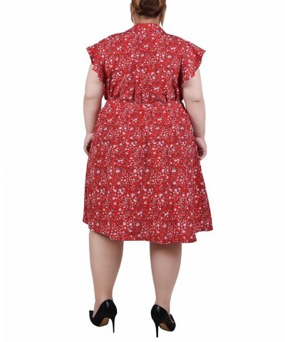 Plus Size Flutter Sleeve Belted Dress Red Ditsy Floral $14.62 Dresses