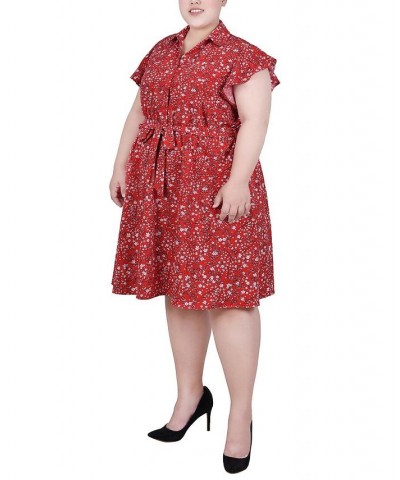 Plus Size Flutter Sleeve Belted Dress Red Ditsy Floral $14.62 Dresses