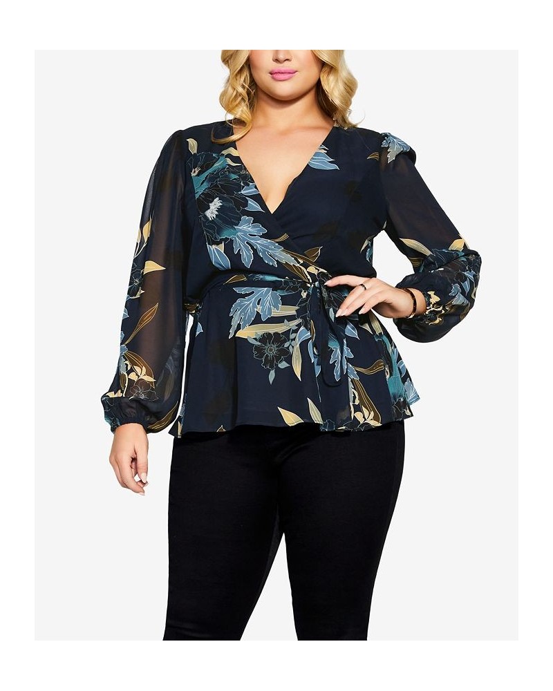 Trendy Plus Size Maya Wrap Top Navy Bold Bloom $32.25 Tops