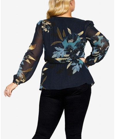 Trendy Plus Size Maya Wrap Top Navy Bold Bloom $32.25 Tops