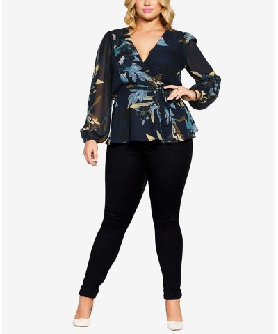 Trendy Plus Size Maya Wrap Top Navy Bold Bloom $32.25 Tops