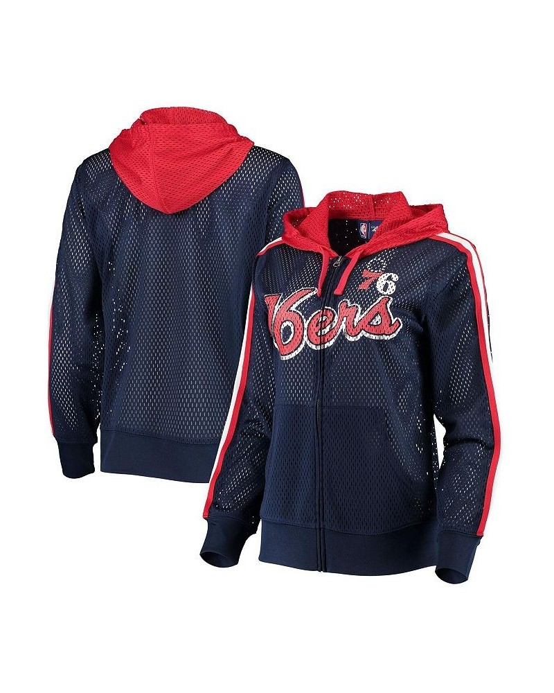 Women's Navy Philadelphia 76ers Top of the Key Foil Mesh Full-Zip Hoodie Navy $34.50 Sweatshirts