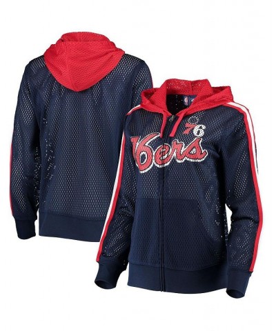 Women's Navy Philadelphia 76ers Top of the Key Foil Mesh Full-Zip Hoodie Navy $34.50 Sweatshirts