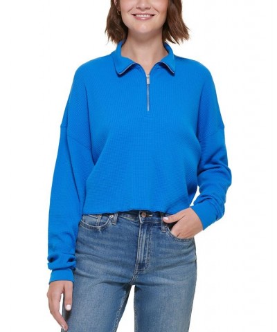 Women's Waffle-Knit Half-Zip Top Blue $24.22 Tops