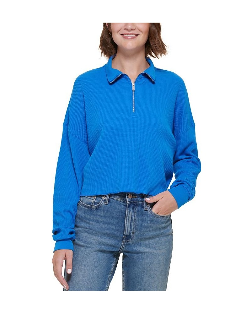 Women's Waffle-Knit Half-Zip Top Blue $24.22 Tops