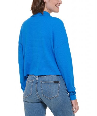 Women's Waffle-Knit Half-Zip Top Blue $24.22 Tops