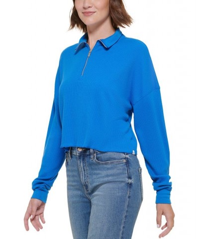 Women's Waffle-Knit Half-Zip Top Blue $24.22 Tops