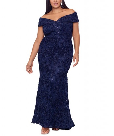 Plus Size Embellished Lace Off-The-Shoulder Gown Blue $115.15 Dresses