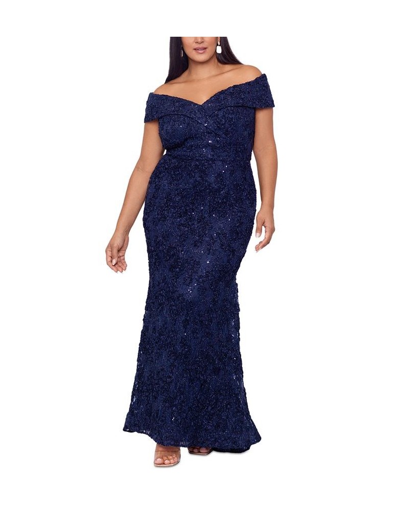 Plus Size Embellished Lace Off-The-Shoulder Gown Blue $115.15 Dresses