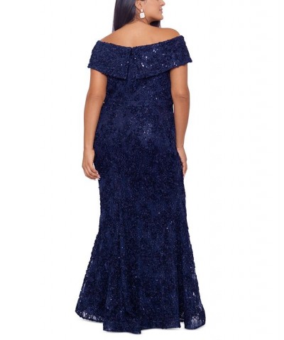 Plus Size Embellished Lace Off-The-Shoulder Gown Blue $115.15 Dresses