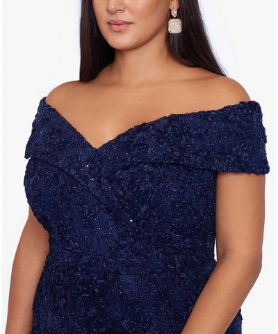 Plus Size Embellished Lace Off-The-Shoulder Gown Blue $115.15 Dresses