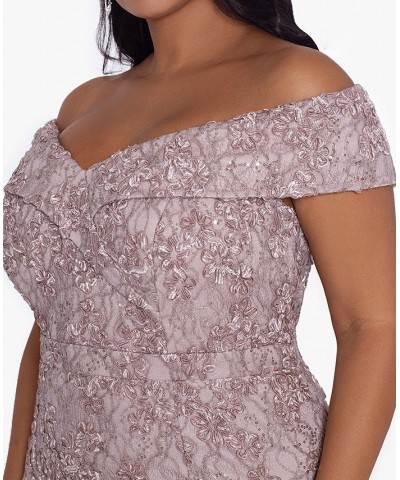 Plus Size Embellished Lace Off-The-Shoulder Gown Blue $115.15 Dresses